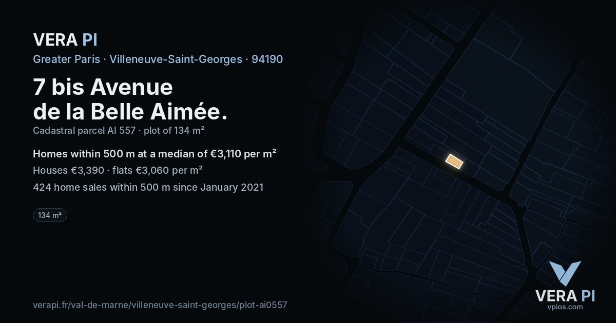 7 bis Avenue de la Belle Aimée, Villeneuve-Saint-Georges at night – the plot lit, the parcels around coloured by the prices near them