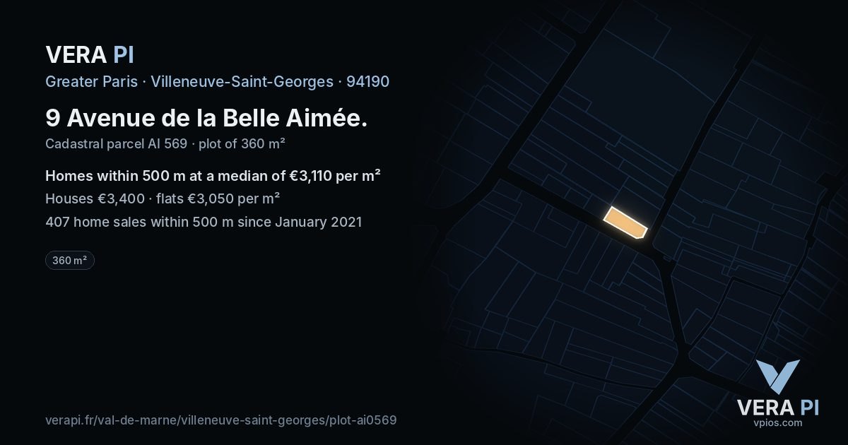 9 Avenue de la Belle Aimée, Villeneuve-Saint-Georges at night – the plot lit, the parcels around coloured by the prices near them