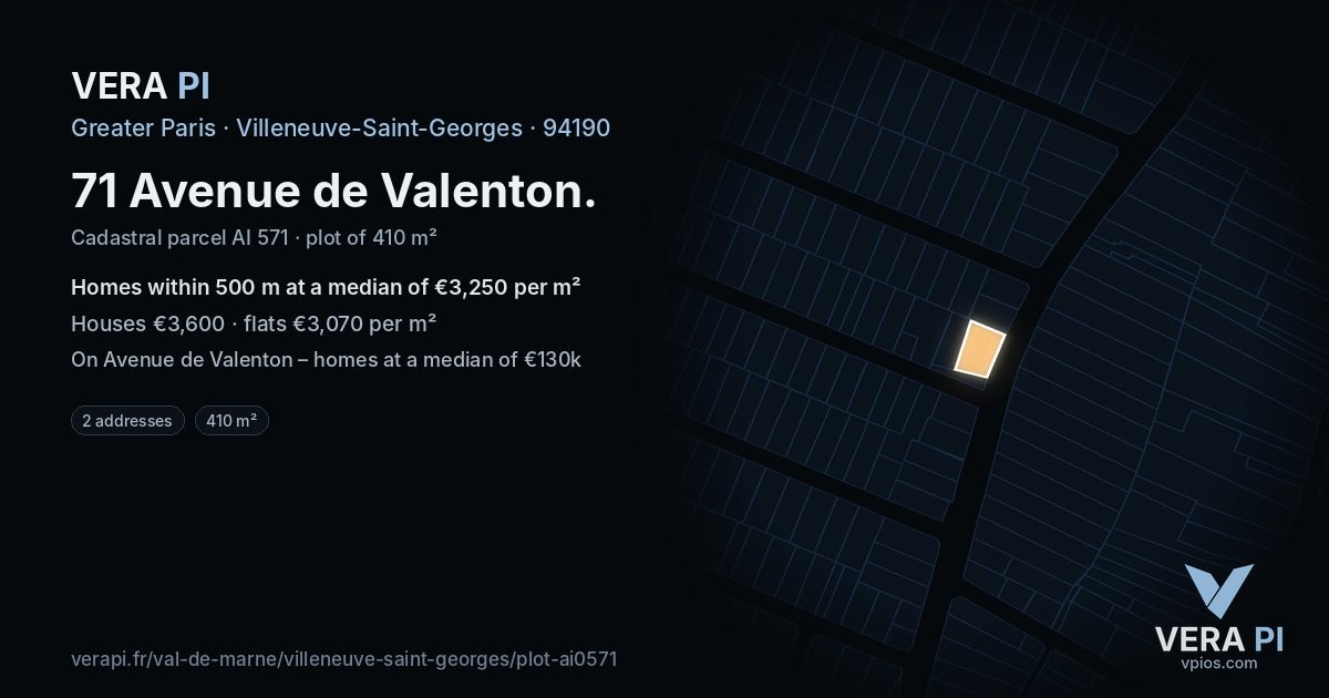 71 Avenue de Valenton, Villeneuve-Saint-Georges at night – the plot lit, the parcels around coloured by the prices near them