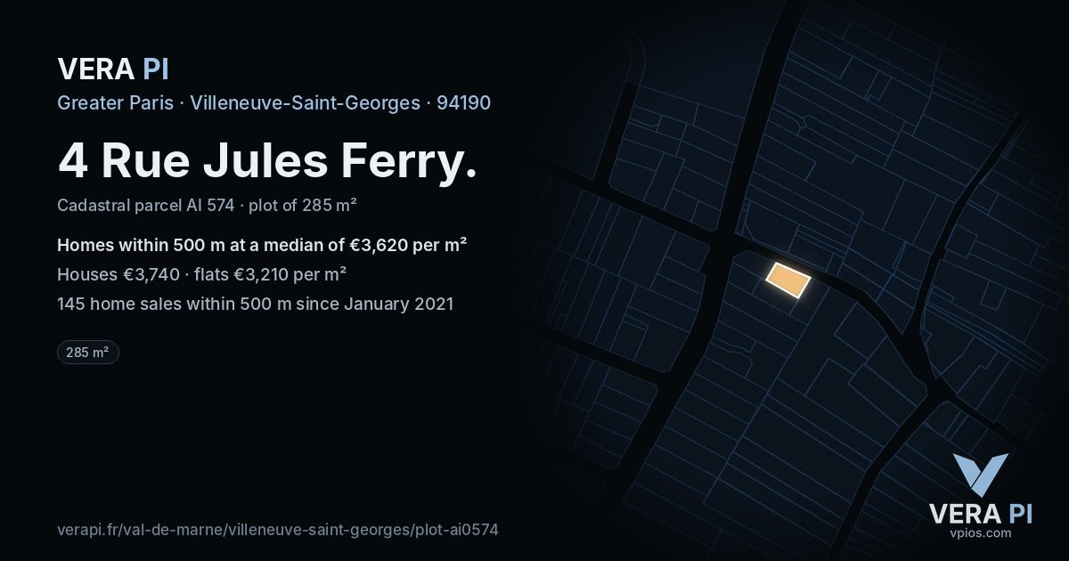 4 Rue Jules Ferry, Villeneuve-Saint-Georges at night – the plot lit, the parcels around coloured by the prices near them