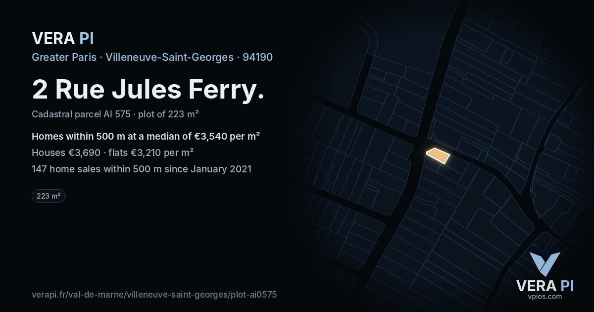 2 Rue Jules Ferry, Villeneuve-Saint-Georges at night – the plot lit, the parcels around coloured by the prices near them