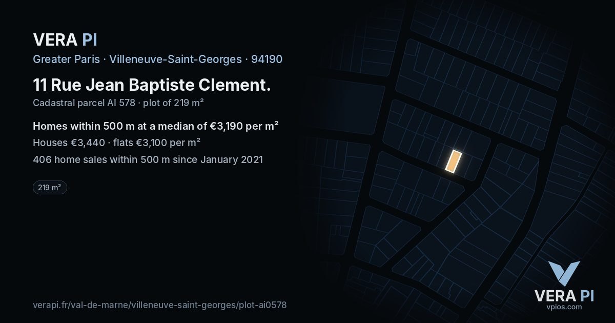 11 Rue Jean Baptiste Clement, Villeneuve-Saint-Georges at night – the plot lit, the parcels around coloured by the prices near them