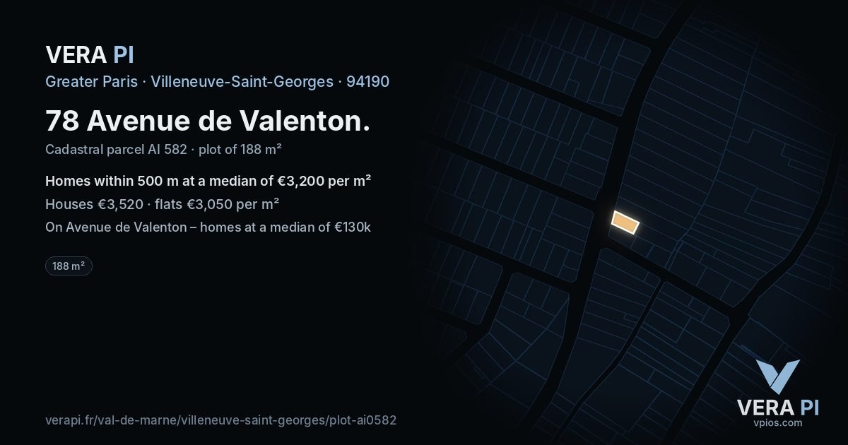 78 Avenue de Valenton, Villeneuve-Saint-Georges at night – the plot lit, the parcels around coloured by the prices near them