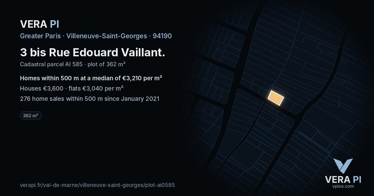3 bis Rue Edouard Vaillant, Villeneuve-Saint-Georges at night – the plot lit, the parcels around coloured by the prices near them