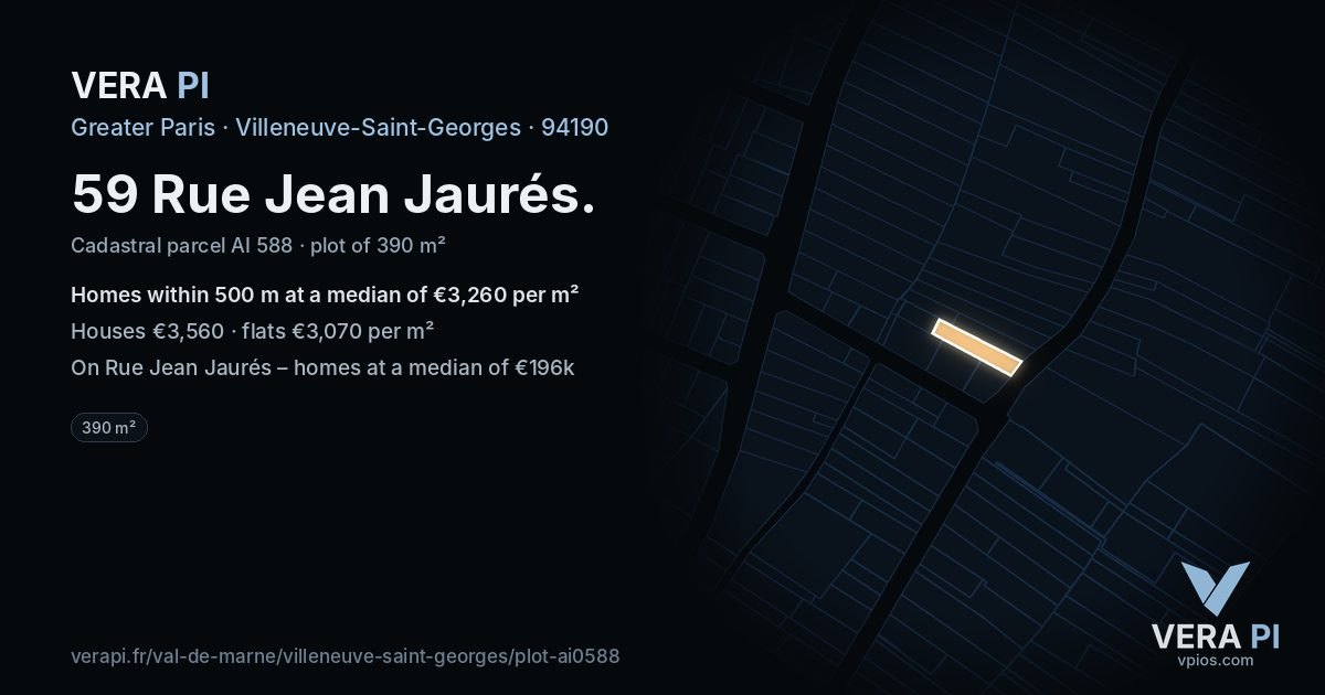 59 Rue Jean Jaurés, Villeneuve-Saint-Georges at night – the plot lit, the parcels around coloured by the prices near them