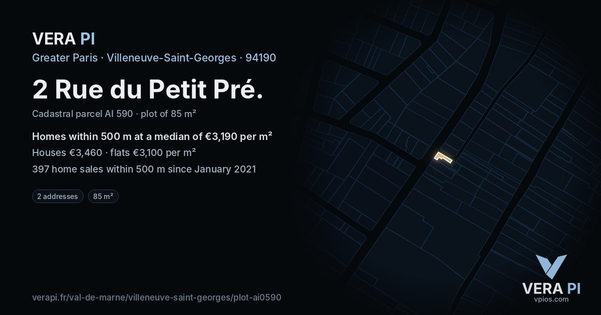 2 Rue du Petit Pré, Villeneuve-Saint-Georges at night – the plot lit, the parcels around coloured by the prices near them