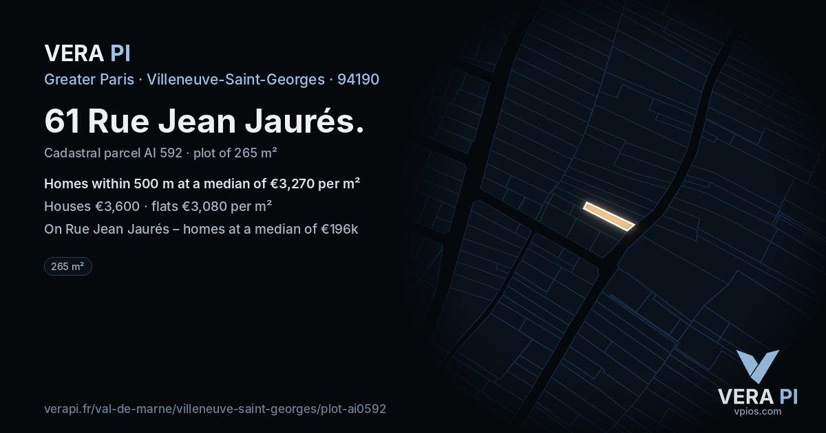 61 Rue Jean Jaurés, Villeneuve-Saint-Georges at night – the plot lit, the parcels around coloured by the prices near them