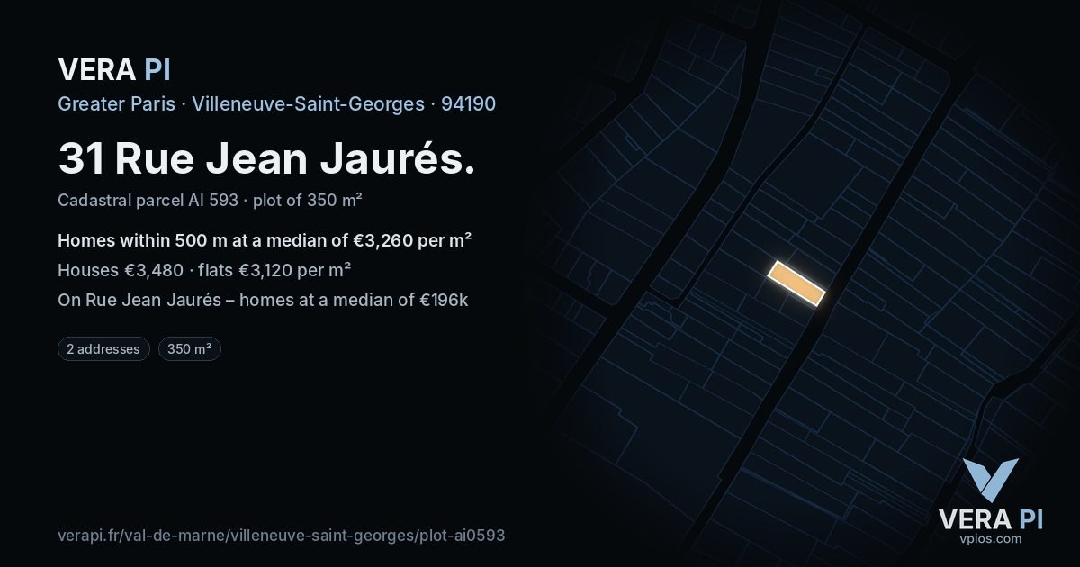 31 Rue Jean Jaurés, Villeneuve-Saint-Georges at night – the plot lit, the parcels around coloured by the prices near them