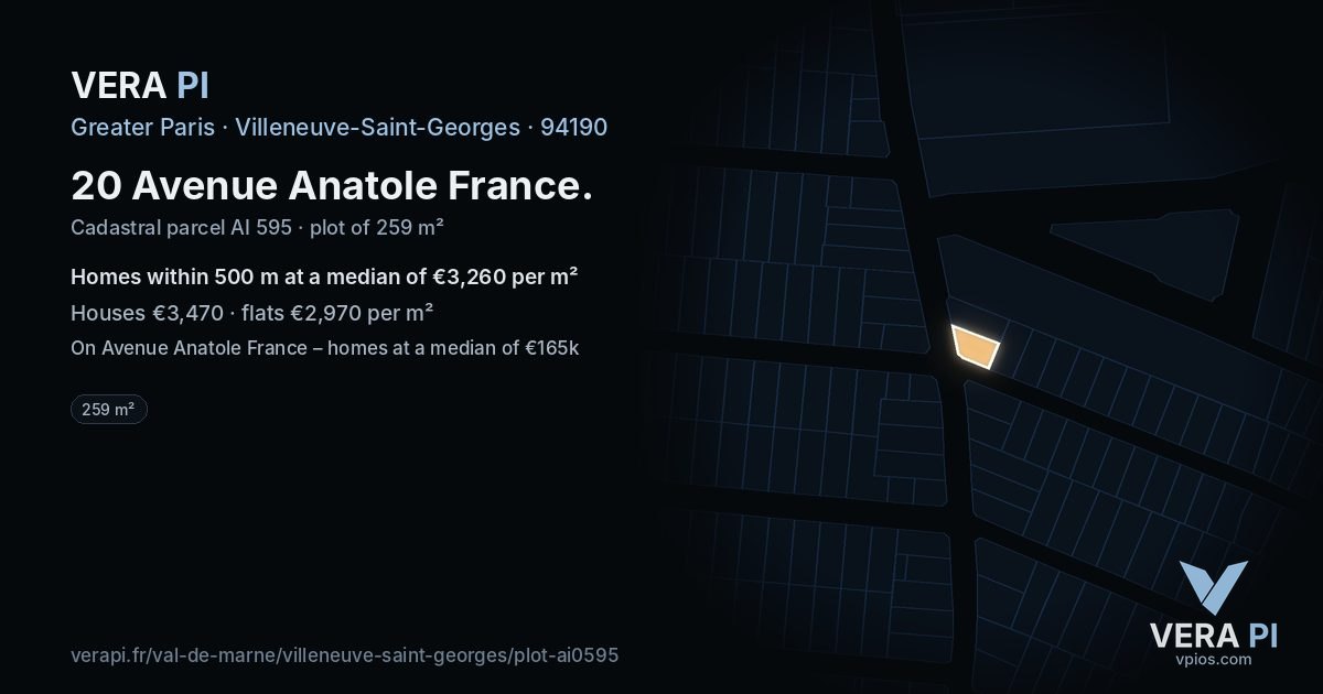 20 Avenue Anatole France, Villeneuve-Saint-Georges at night – the plot lit, the parcels around coloured by the prices near them