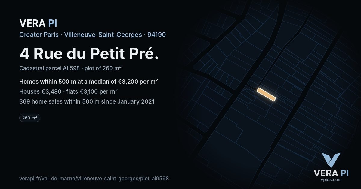 4 Rue du Petit Pré, Villeneuve-Saint-Georges at night – the plot lit, the parcels around coloured by the prices near them