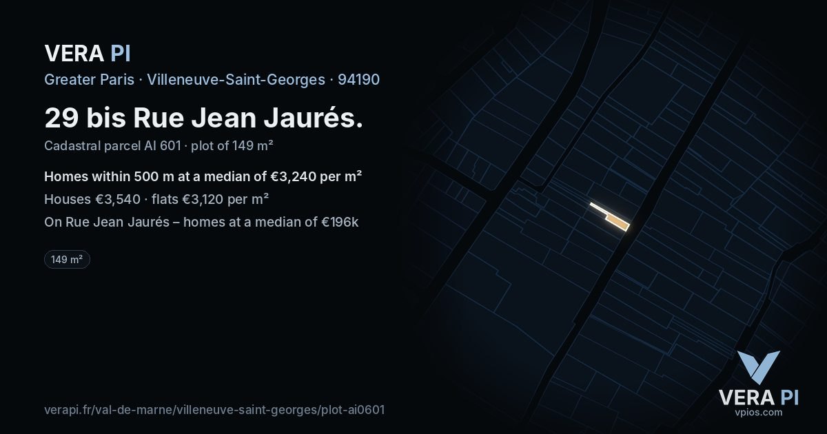 29 bis Rue Jean Jaurés, Villeneuve-Saint-Georges at night – the plot lit, the parcels around coloured by the prices near them