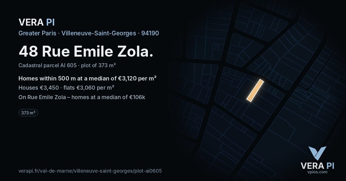 48 Rue Emile Zola, Villeneuve-Saint-Georges at night – the plot lit, the parcels around coloured by the prices near them