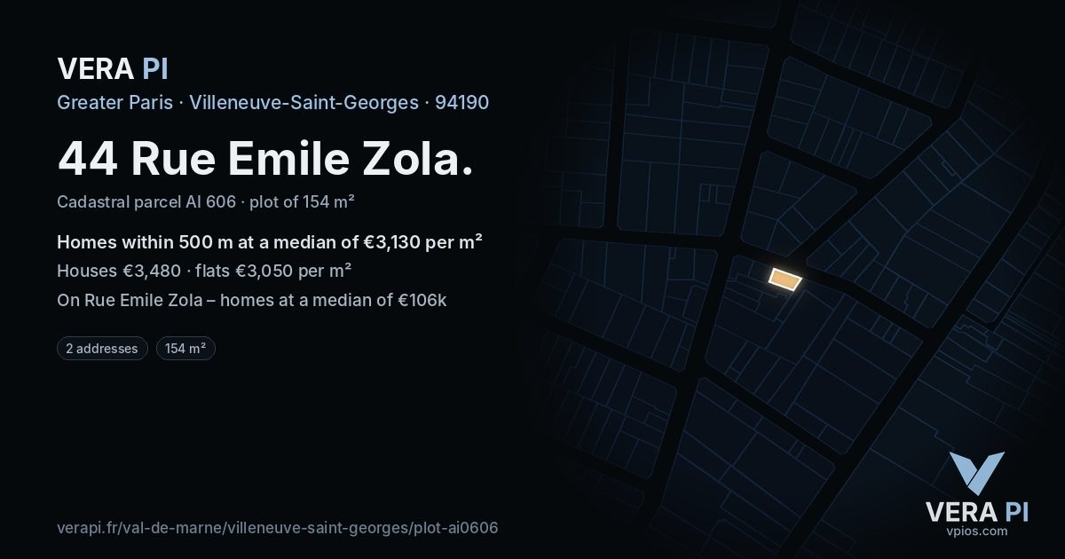 44 Rue Emile Zola, Villeneuve-Saint-Georges at night – the plot lit, the parcels around coloured by the prices near them