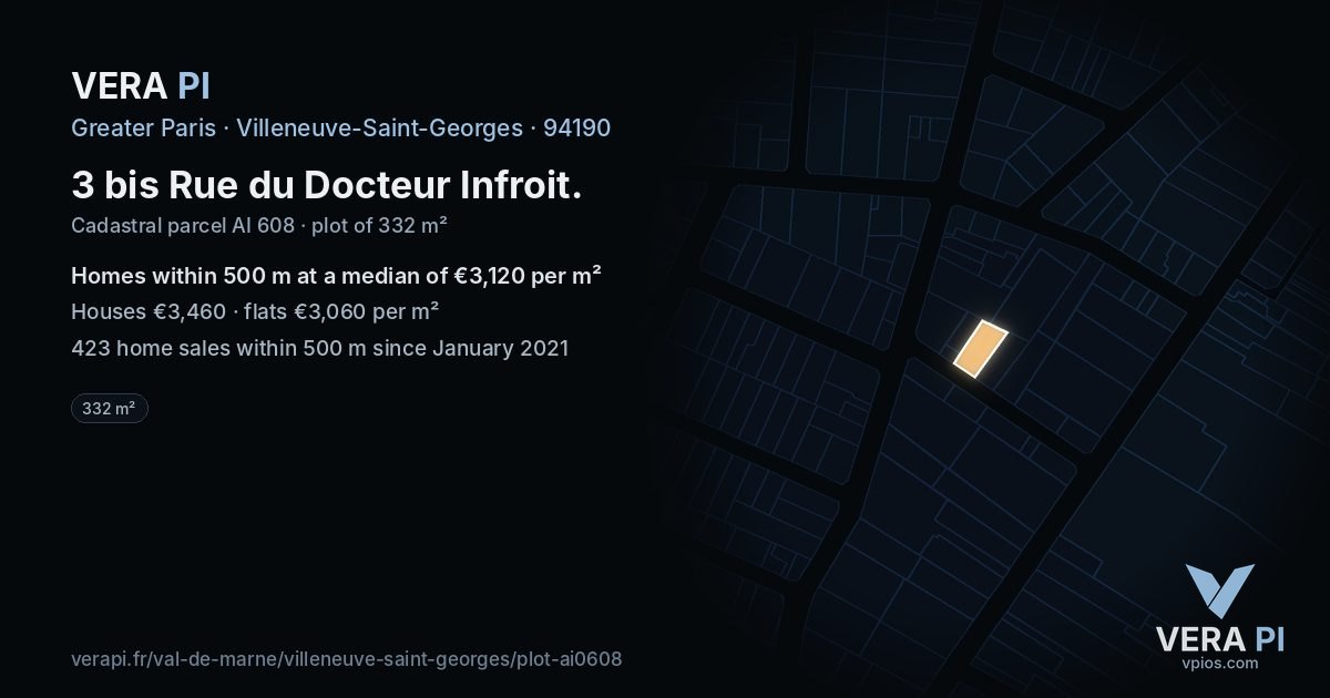 3 bis Rue du Docteur Infroit, Villeneuve-Saint-Georges at night – the plot lit, the parcels around coloured by the prices near them