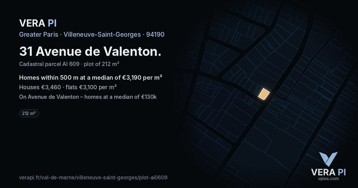 31 Avenue de Valenton, Villeneuve-Saint-Georges at night – the plot lit, the parcels around coloured by the prices near them