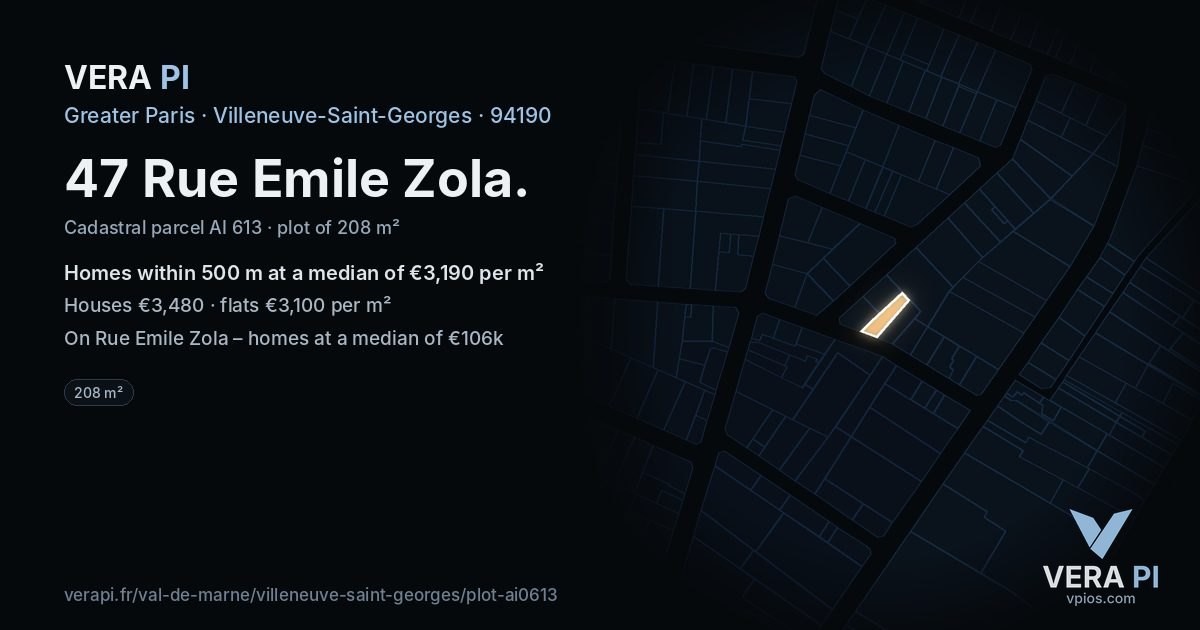 47 Rue Emile Zola, Villeneuve-Saint-Georges at night – the plot lit, the parcels around coloured by the prices near them