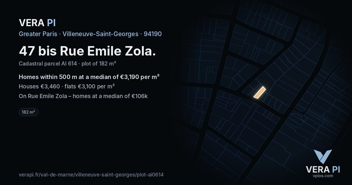 47 bis Rue Emile Zola, Villeneuve-Saint-Georges at night – the plot lit, the parcels around coloured by the prices near them