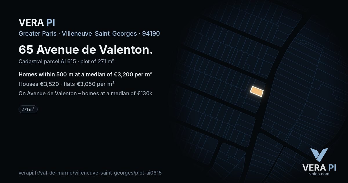 65 Avenue de Valenton, Villeneuve-Saint-Georges at night – the plot lit, the parcels around coloured by the prices near them