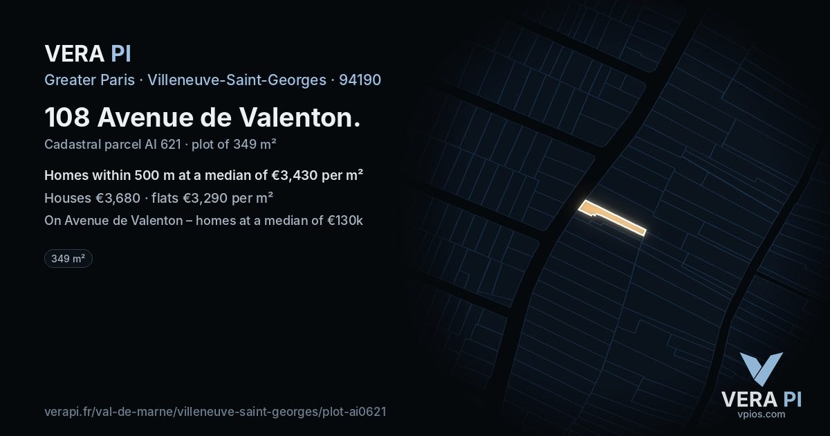 108 Avenue de Valenton, Villeneuve-Saint-Georges at night – the plot lit, the parcels around coloured by the prices near them