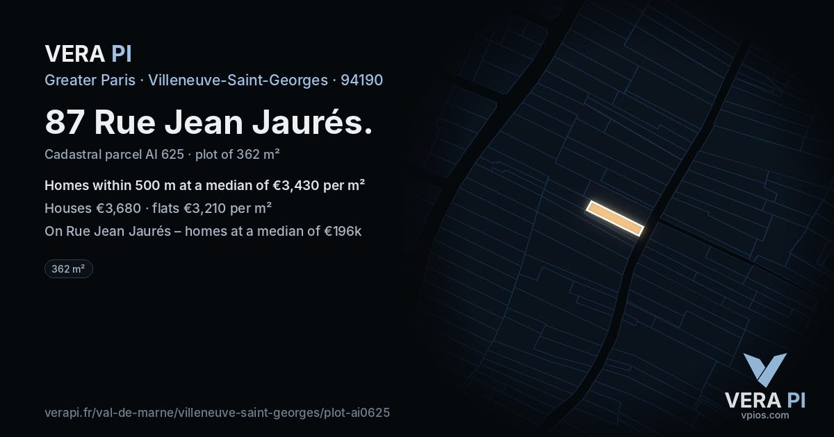87 Rue Jean Jaurés, Villeneuve-Saint-Georges at night – the plot lit, the parcels around coloured by the prices near them
