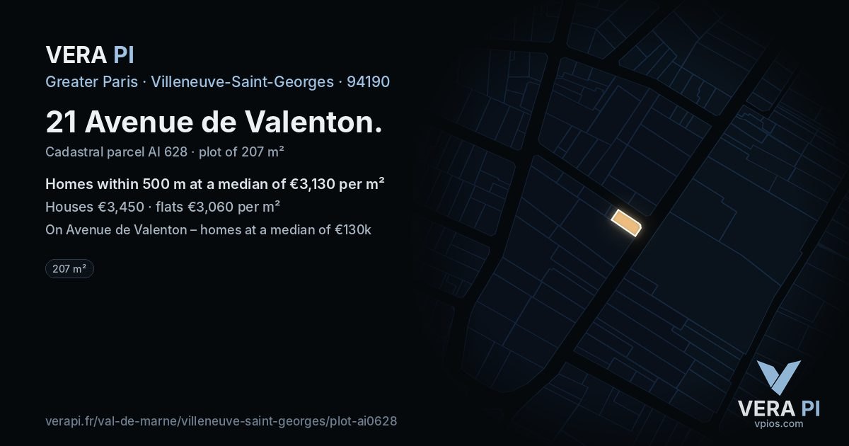 21 Avenue de Valenton, Villeneuve-Saint-Georges at night – the plot lit, the parcels around coloured by the prices near them