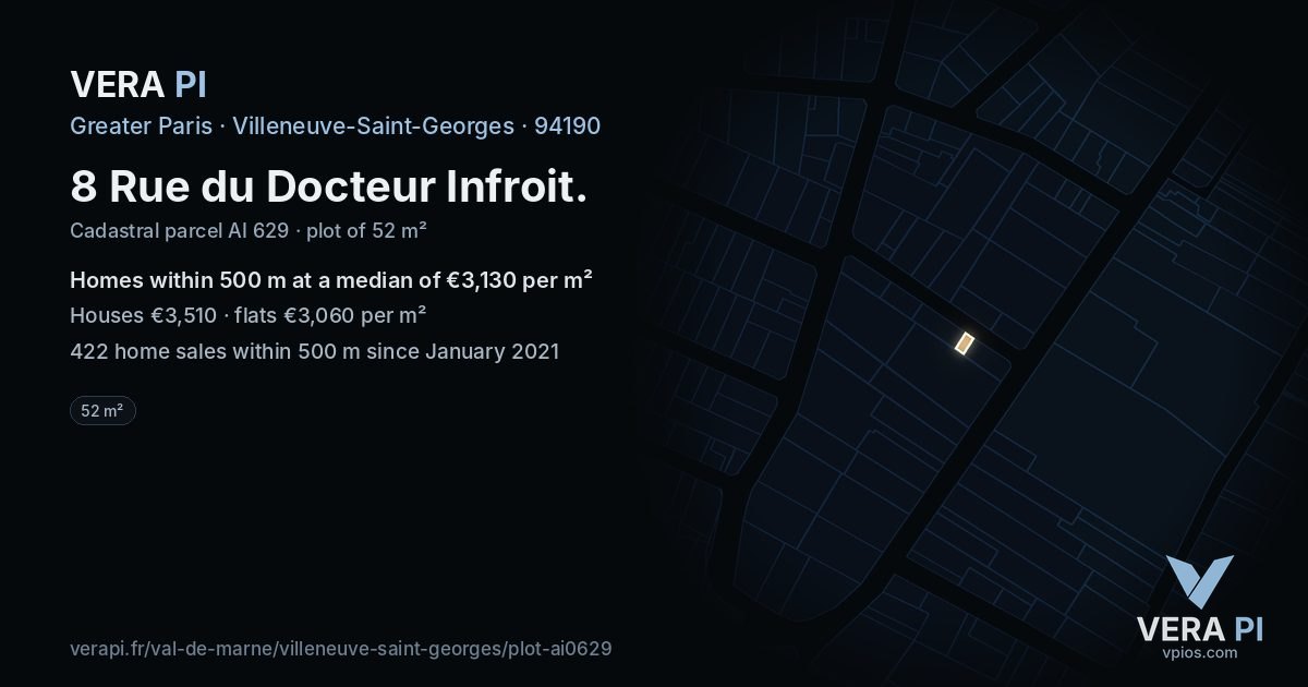 8 Rue du Docteur Infroit, Villeneuve-Saint-Georges at night – the plot lit, the parcels around coloured by the prices near them