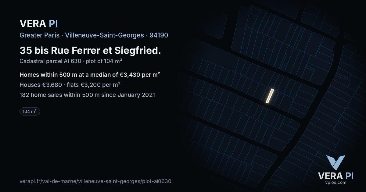 35 bis Rue Ferrer et Siegfried, Villeneuve-Saint-Georges at night – the plot lit, the parcels around coloured by the prices near them
