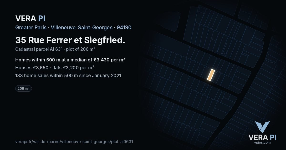 35 Rue Ferrer et Siegfried, Villeneuve-Saint-Georges at night – the plot lit, the parcels around coloured by the prices near them