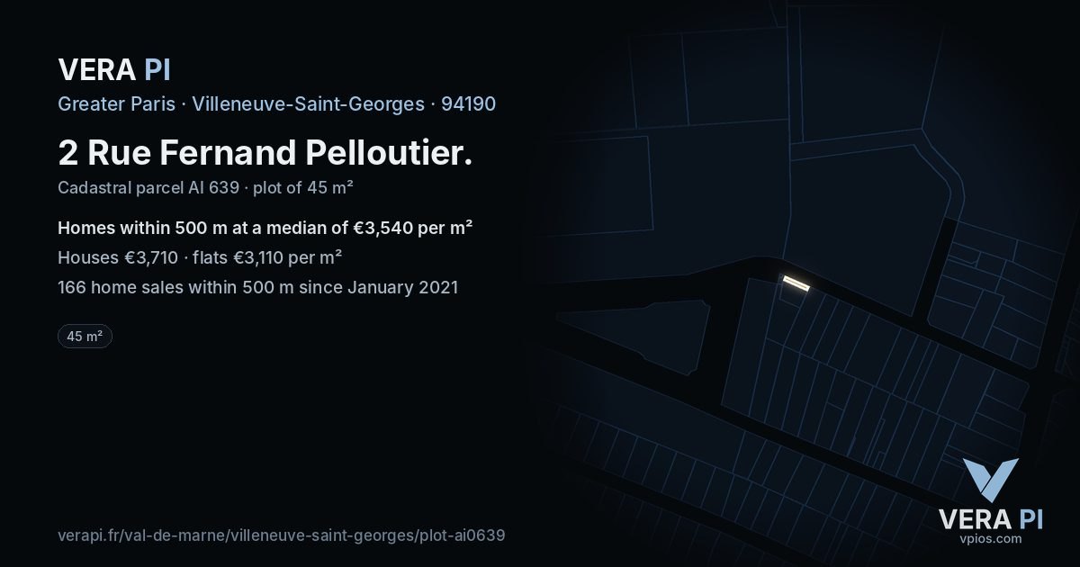 2 Rue Fernand Pelloutier, Villeneuve-Saint-Georges at night – the plot lit, the parcels around coloured by the prices near them