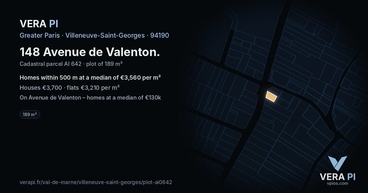 148 Avenue de Valenton, Villeneuve-Saint-Georges at night – the plot lit, the parcels around coloured by the prices near them