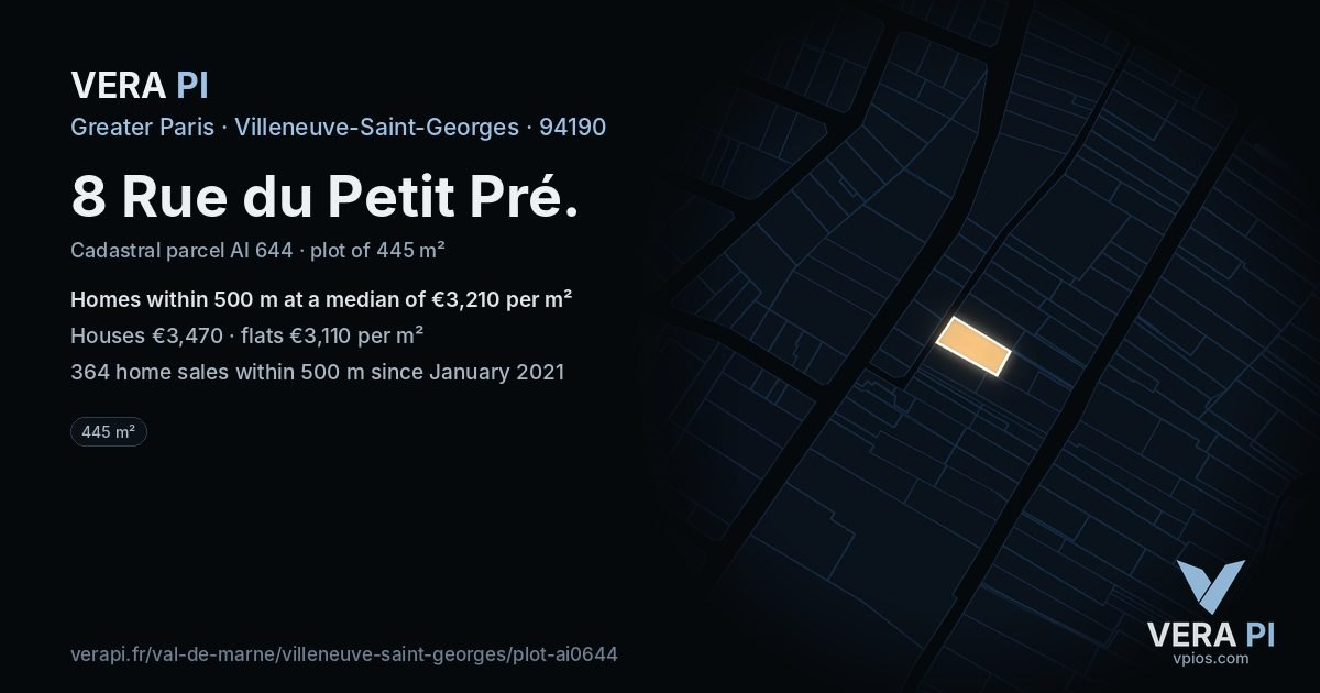 8 Rue du Petit Pré, Villeneuve-Saint-Georges at night – the plot lit, the parcels around coloured by the prices near them