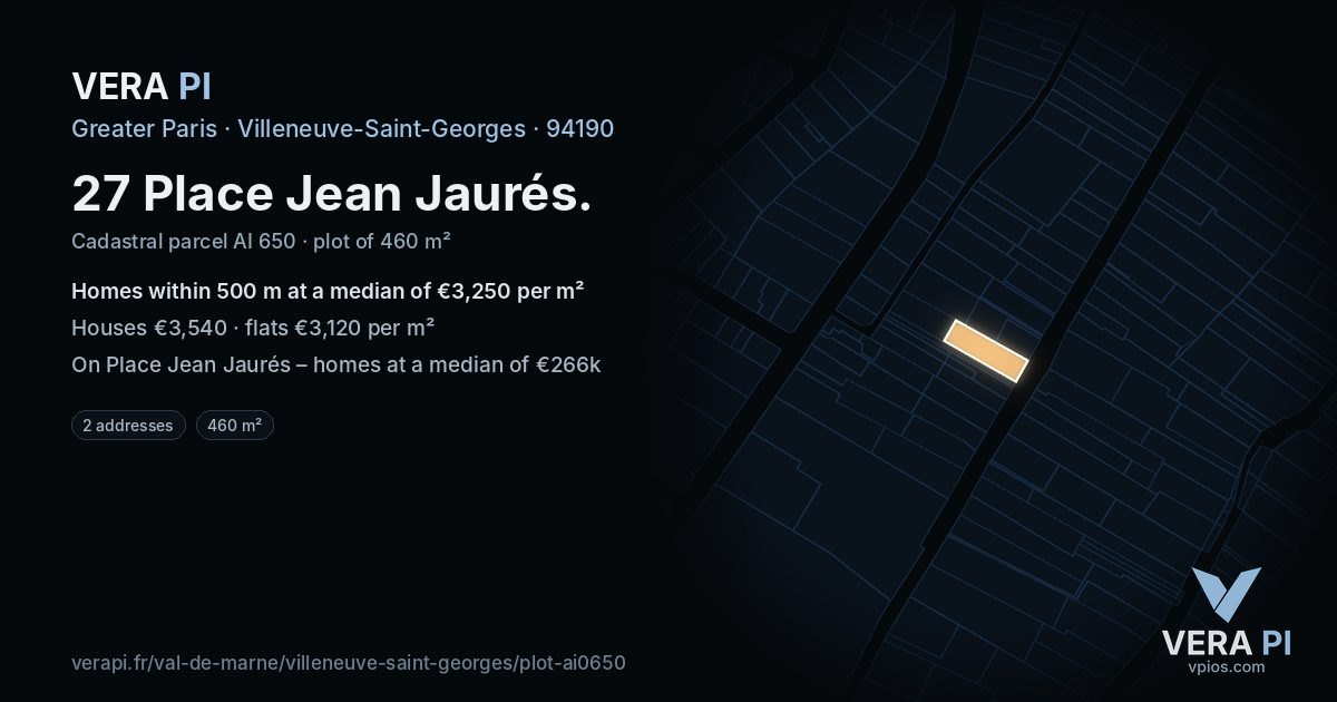 27 Place Jean Jaurés, Villeneuve-Saint-Georges at night – the plot lit, the parcels around coloured by the prices near them