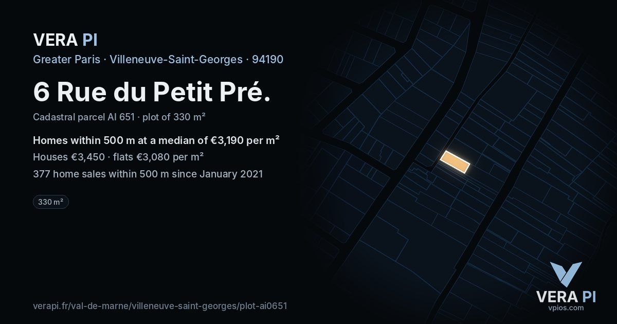 6 Rue du Petit Pré, Villeneuve-Saint-Georges at night – the plot lit, the parcels around coloured by the prices near them
