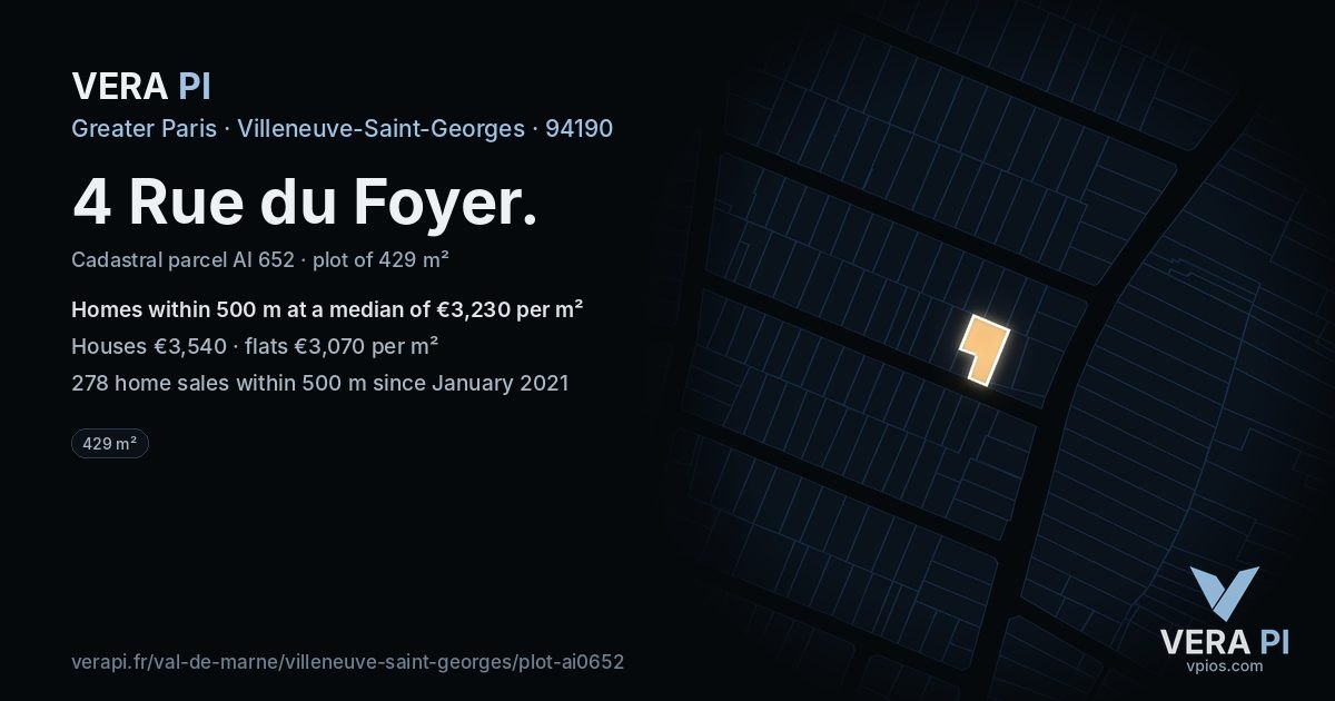 4 Rue du Foyer, Villeneuve-Saint-Georges at night – the plot lit, the parcels around coloured by the prices near them