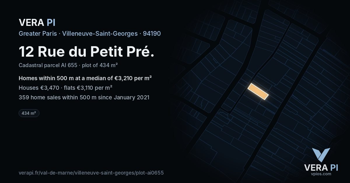 12 Rue du Petit Pré, Villeneuve-Saint-Georges at night – the plot lit, the parcels around coloured by the prices near them