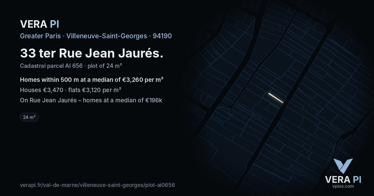 33 ter Rue Jean Jaurés, Villeneuve-Saint-Georges at night – the plot lit, the parcels around coloured by the prices near them