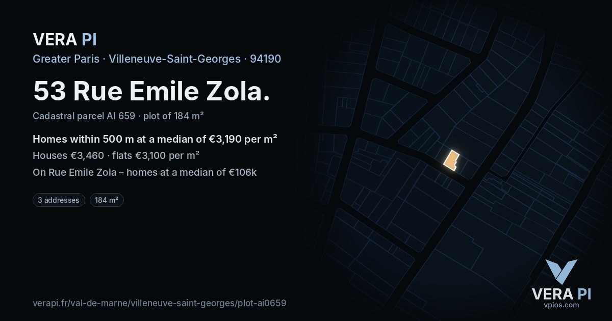 53 Rue Emile Zola, Villeneuve-Saint-Georges at night – the plot lit, the parcels around coloured by the prices near them