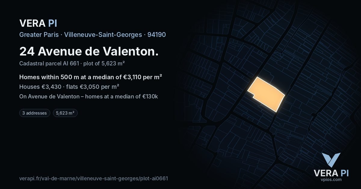 24 Avenue de Valenton, Villeneuve-Saint-Georges at night – the plot lit, the parcels around coloured by the prices near them