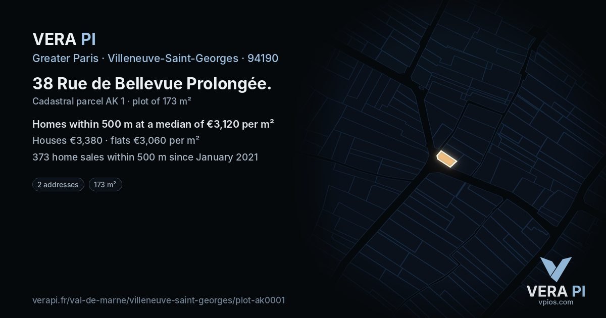 38 Rue de Bellevue Prolongée, Villeneuve-Saint-Georges at night – the plot lit, the parcels around coloured by the prices near them