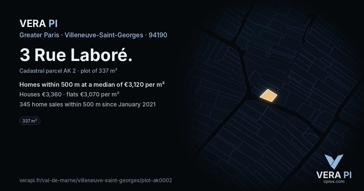 3 Rue Laboré, Villeneuve-Saint-Georges at night – the plot lit, the parcels around coloured by the prices near them