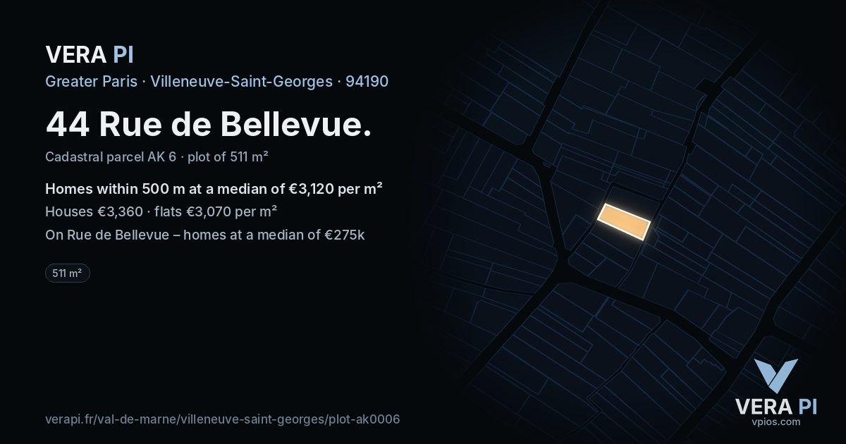 44 Rue de Bellevue, Villeneuve-Saint-Georges at night – the plot lit, the parcels around coloured by the prices near them