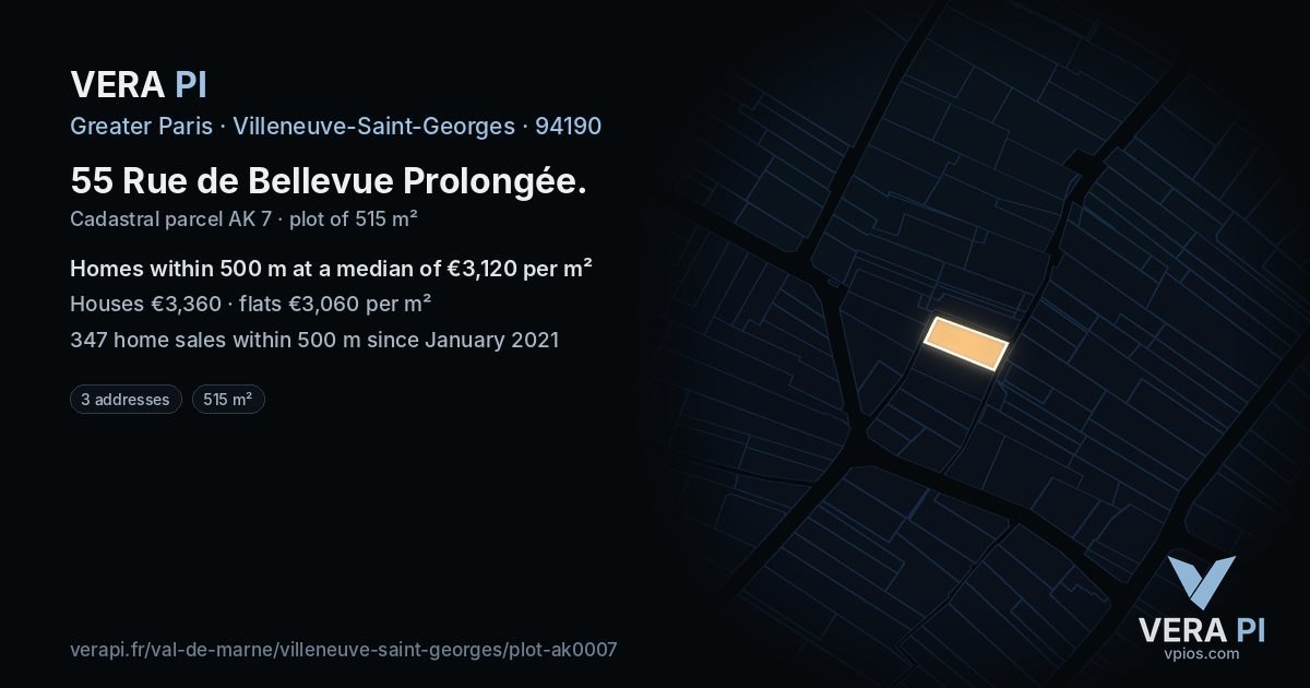 55 Rue de Bellevue Prolongée, Villeneuve-Saint-Georges at night – the plot lit, the parcels around coloured by the prices near them