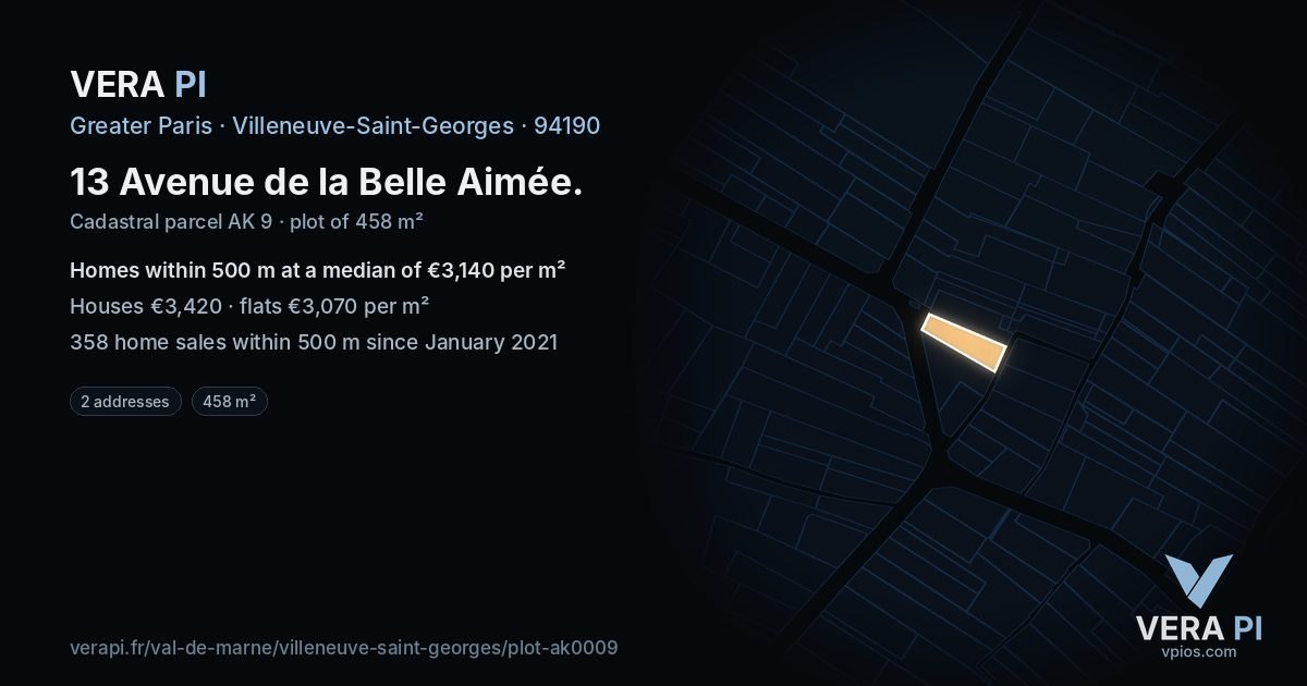 13 Avenue de la Belle Aimée, Villeneuve-Saint-Georges at night – the plot lit, the parcels around coloured by the prices near them