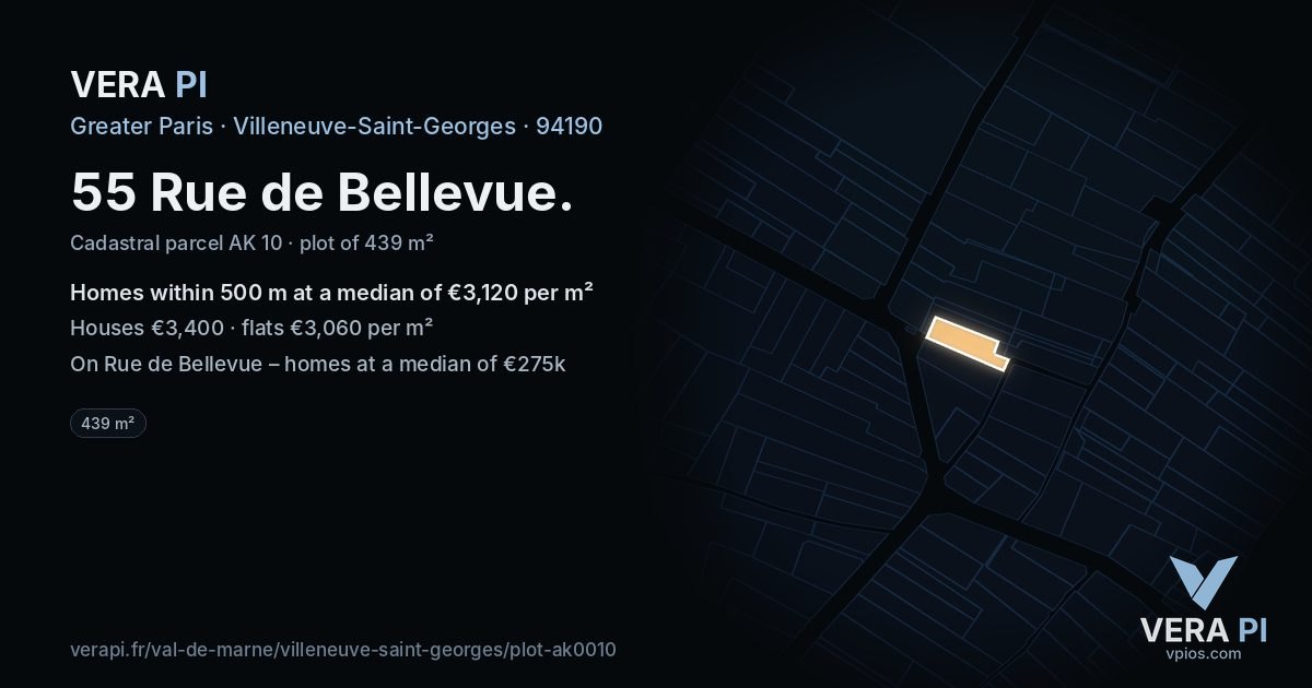 55 Rue de Bellevue, Villeneuve-Saint-Georges at night – the plot lit, the parcels around coloured by the prices near them