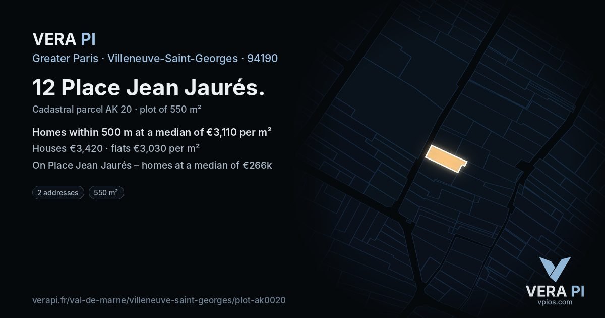 12 Place Jean Jaurés, Villeneuve-Saint-Georges at night – the plot lit, the parcels around coloured by the prices near them