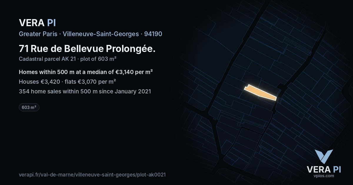 71 Rue de Bellevue Prolongée, Villeneuve-Saint-Georges at night – the plot lit, the parcels around coloured by the prices near them