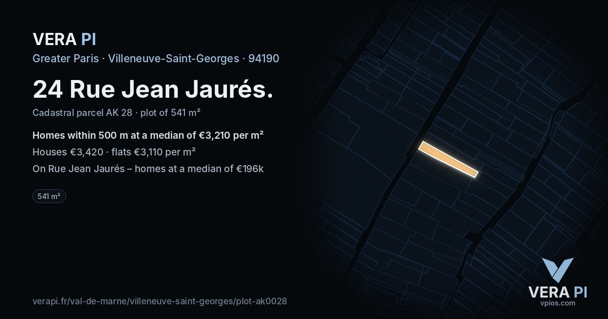 24 Rue Jean Jaurés, Villeneuve-Saint-Georges at night – the plot lit, the parcels around coloured by the prices near them