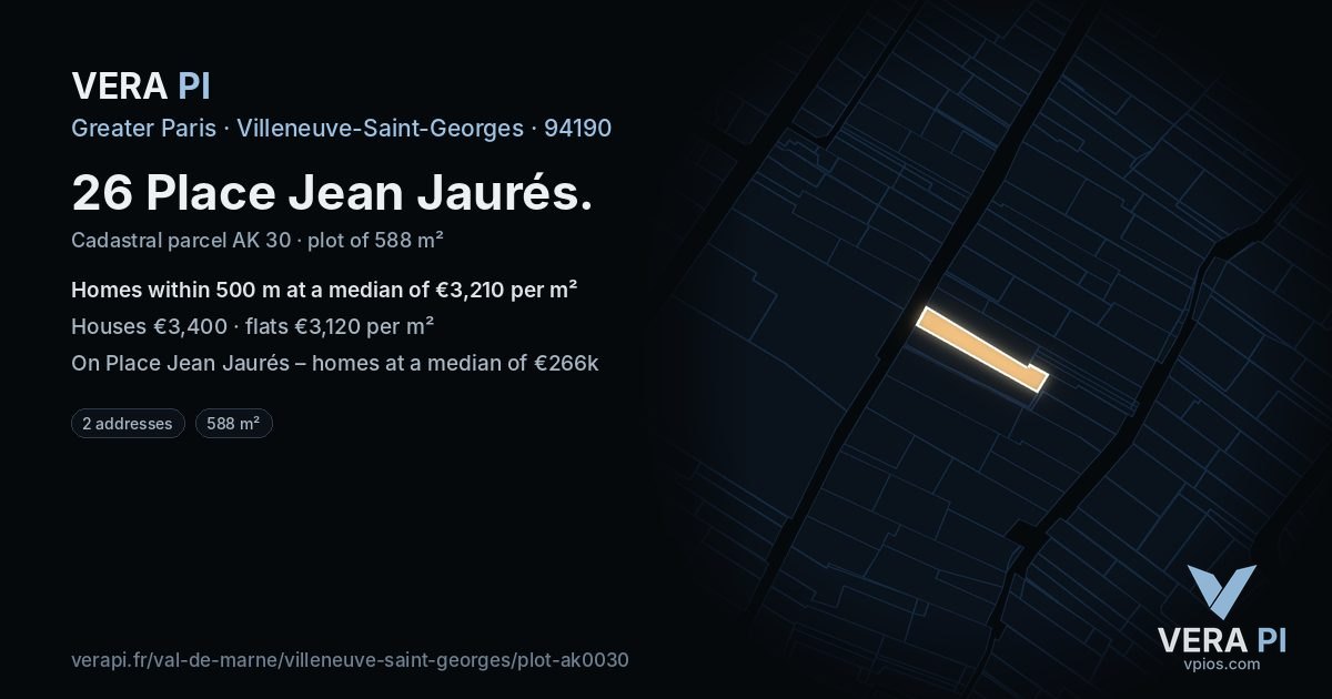 26 Place Jean Jaurés, Villeneuve-Saint-Georges at night – the plot lit, the parcels around coloured by the prices near them