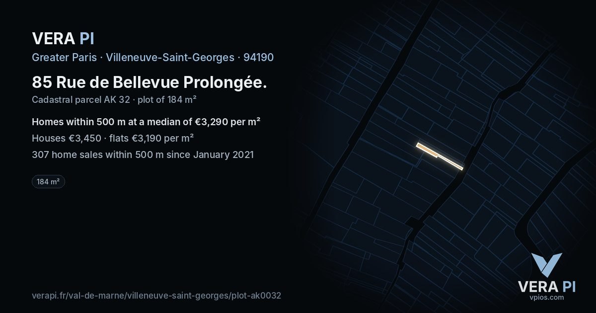 85 Rue de Bellevue Prolongée, Villeneuve-Saint-Georges at night – the plot lit, the parcels around coloured by the prices near them
