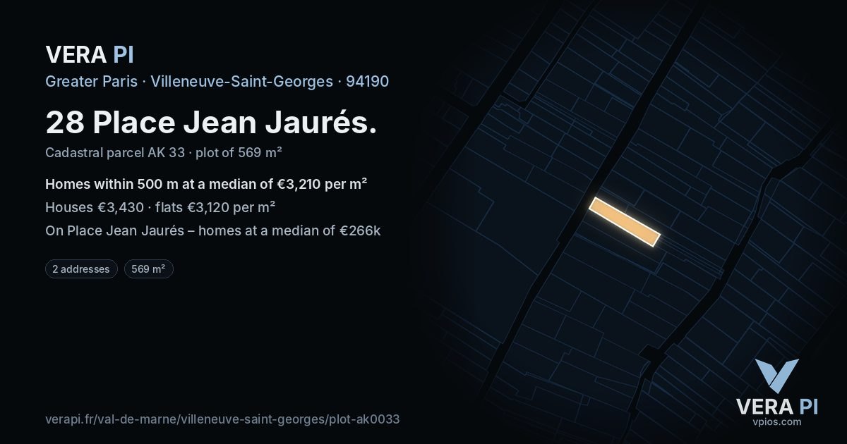 28 Place Jean Jaurés, Villeneuve-Saint-Georges at night – the plot lit, the parcels around coloured by the prices near them